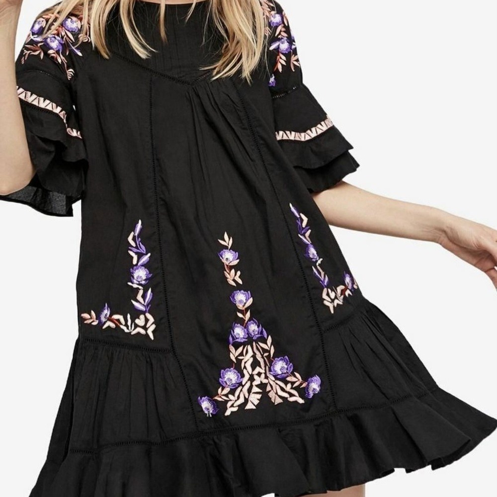 Free People Pavlo Embroidered Babydoll Mini Dress Tunic Sz S Black Ruffle - Picture 13 of 13